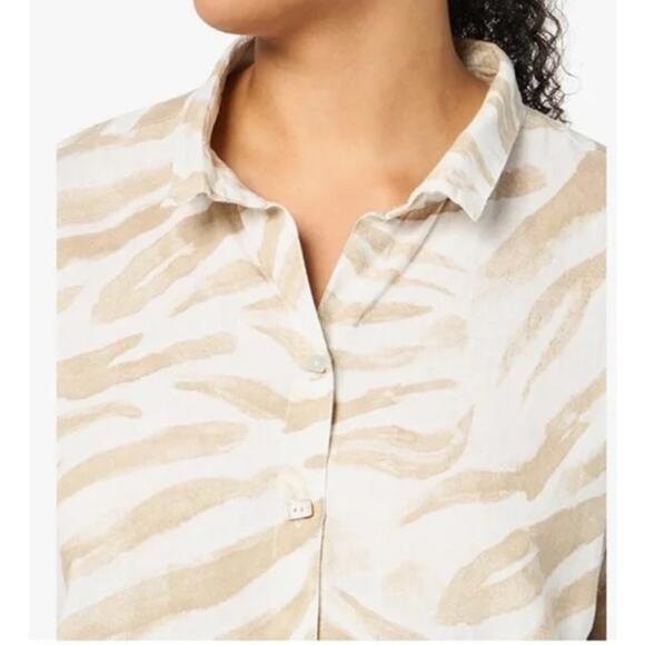 John Mark Linen Cotton Zebra Print Button Down Cinch Sleeve Tunic Top Large - Picture 3 of 14
